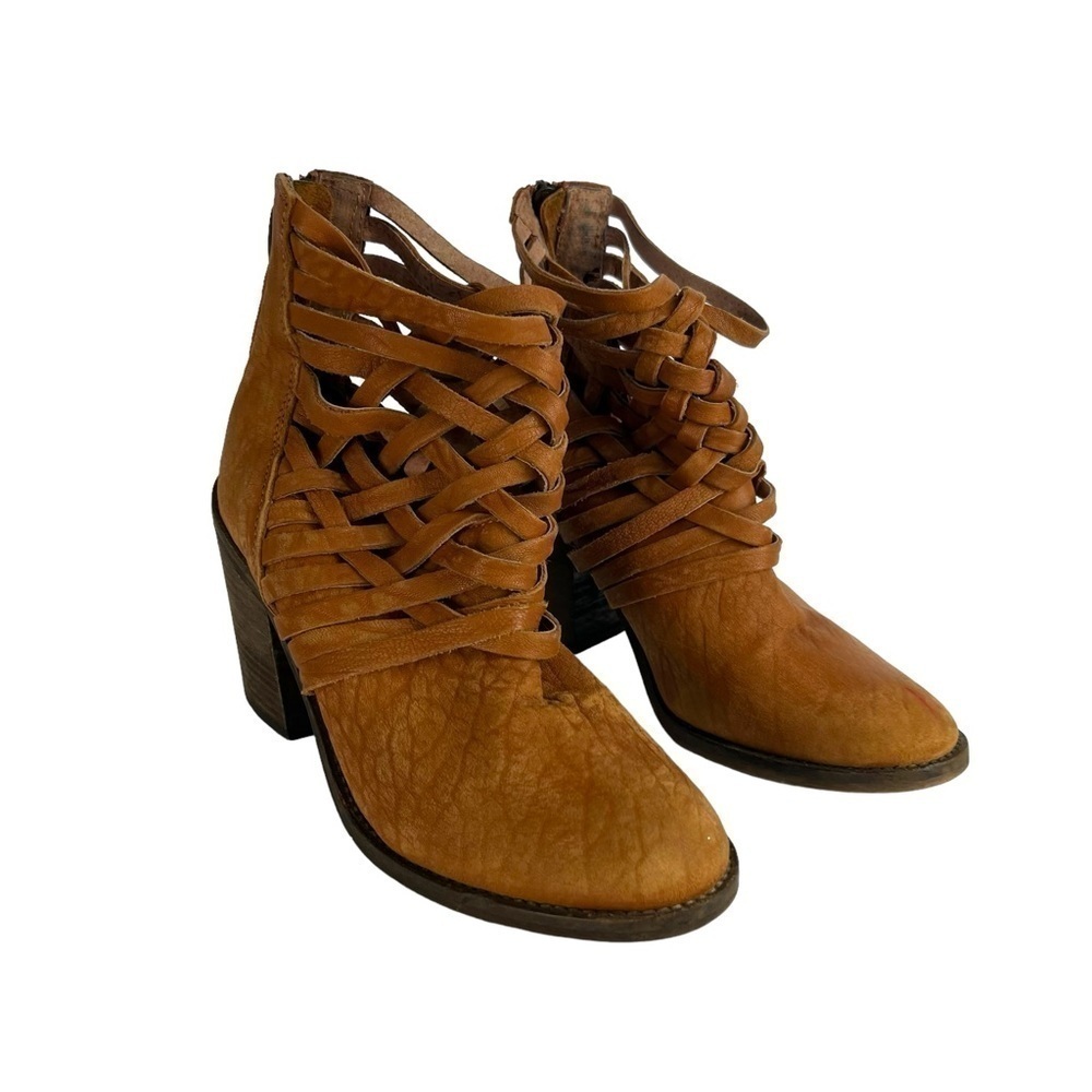 Free People Carrera Leather Booties EU 37 Tan Woven Cage Block Heel FP